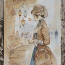 Akwarela vintage - portret kobiety z epoki wiktoriańskiej, ręcznie malowana z dodatkiem kawy, passe-partout 40 x 50 cm