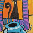 Ręcznie malowany obraz olejny "Babcia, czarny kot" do salonu - 21x29 cm