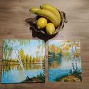 ZESTAW RĘCZNIE MALOWANYCH OBRAZÓW - BRZOZOWY DYPTYK SŁONECZNA JESIEŃ - 1x 30x30cm 1x
