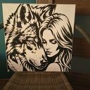Ręcznie wykonany obraz kobiety i wilka na płótnie 40x40 cm