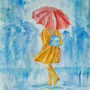 Czerwony parasol - oryginalna akwarela ręcznie malowana