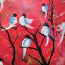 Obraz akrylowy 60x50 cm - kolorowy pejzaż z ptasimi akcentami, gotowy do zawieszenia