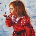 Dziewczynka w czerwonej sukience - oryginalny obraz akwarelowy 42 x 29,7 cm