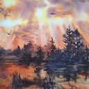 Ognisty zmierzch nad mokradłami - oryginalna akwarela (43x31 cm)