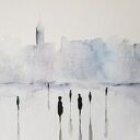 Miasto - akwarela 24/32 cm z ludźmi w fantastycznym klimacie