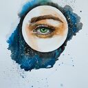 "PATRZĘ NA SIEBIE" metafizyczna akwarela artystki Adriany Laube kosmos, gwiazdy