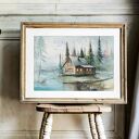 Spokojne zacisze - klimatyczna akwarela z domkiem nad jeziorem, passe-partout 40x50 cm