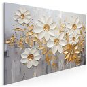 Obraz do salonu - BIAŁE KWIATY ZŁOTE LIŚCIE ELEGANCKI MOTYW - 70x50 cm