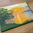 Pejzaż akrylowy ręcznie malowany - Słońce w pomarańczu (zachód słońca nad wodą) 30x40