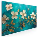 Obraz do salonu - ZŁOTE KWIATY NA TURKUSOWYM TLE - 70x50 cm (103001)