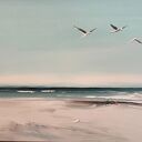 Ręcznie malowany obraz morski z mewami - plaża 60x90 cm