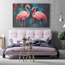 Obraz do salonu - różowe flamingi w tropikalnej dżungli - 70x50 cm (123901)