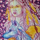 Wilczy Totem - oryginalna akwarela 70x100 cm (kobieta i wilk)