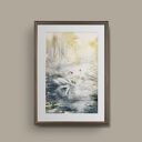 Złota Jesień nad Wodą - Akwarela z Łabędziami - Pejzaż w zestawie z białym passe