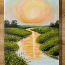 Pejzaż akrylowy „Dotyk Ciepła” - ciepły zachód słońca, 40x30 cm na płótnie