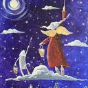 Magiczne gwiazdki marzeń - Giclee (obraz na płótnie kot i anioł)
