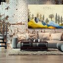 Obraz na płótnie 120x80 cm - abstrakcyjne złote góry, drzewa i ptaki