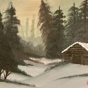 Oryginalny Obraz Olejny Zimowa Chatka w Lesie 40x50 cm | z Drewnianą Ramą