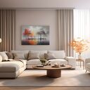 Obraz do salonu - JESIENNE DRZEWA NAD JEZIOREM NASTROJOWY PEJZAŻ - 70x50 cm (105701)