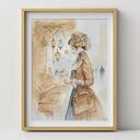 Akwarela vintage - portret kobiety z epoki wiktoriańskiej, ręcznie malowana z dodatkiem kawy, passe-partout 40 x 50 cm