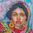Dziewczyna w złotych kolczykach - oryginalna akwarela 24x30 cm (boho)