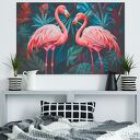 Obraz do salonu - różowe flamingi w tropikalnej dżungli - 70x50 cm (123901)