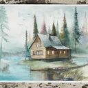 Spokojne zacisze - klimatyczna akwarela z domkiem nad jeziorem, passe - partout 40x50