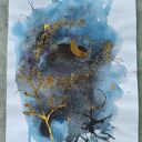 Abstrakcja Nocne Niebo Akwarela Złoto Księżyc Runy Ezoteryka 30x42