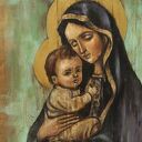 Obraz malowany na starych deskach - Madonna z Dzieciątkiem