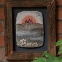 Ceramiczny obraz w ramie - zachód słońca z angobów i szkliwa strukturalnego