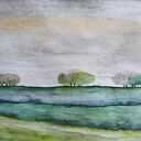 Oryginalny pejzaż akwarela 18x24 cm - zielone i pomarańczowe