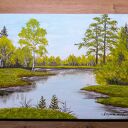 Nastrojowy pejzaż akrylowy na płótnie „Zatoka Zieleni” 30x40 cm
