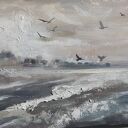 Sztorm nad morzem - morski pejzaż panoramiczny ze strukturą w palecie zgaszonych barw 120x40 cm