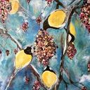 Uczta - ręcznie malowany obraz akrylowy ptaki i natura na płótnie 40 x 40 x 2 cm