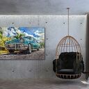 Turkusowy obraz na płótnie z retro samochodem 120x80 cm