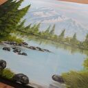 Ręcznie malowany obraz pejzaż „Za górami, za lasami” 50x70 cm