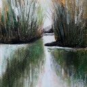 Pejzaż akwarela i pastele 18x24 cm - beż, zieleń, biel 