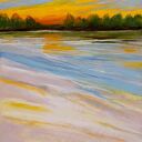 Pejzaż w odcieniach żółci, zieleni i błękitu - obraz 24x18 cm z suchych pasteli