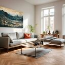 Obraz do salonu - STYLIZOWANY PEJZAŻ GÓRSKI DRZEWA - 70x50 cm (104801)