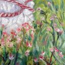 Kamień i sznur - obraz olejny 50x55 cm: zielony pejzaż z symbolicznym białym kamieniem