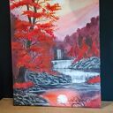 Karmazynowa Kaskada - ręcznie malowany pejzaż akrylowy na płótnie 30 x 24 cm