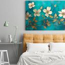 Obraz do salonu - ZŁOTE KWIATY NA TURKUSOWYM TLE - 70x50 cm (103001)