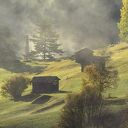 Obraz na płótnie Góry we mgle, las i wioska 120x80 cm