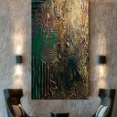 Ręcznie malowany obraz 80x160 cm w kolorach złoto - miedź i szmaragd