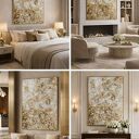 Ręcznie malowany obraz strukturalny 3D XXL - płaskorzeźba 70x100 cm, biel, krem i złoto