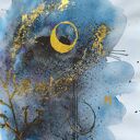 Abstrakcja Nocne Niebo Akwarela Złoto Księżyc Runy Ezoteryka 30x42