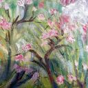 Kamień i sznur - obraz olejny 50x55 cm: zielony pejzaż z symbolicznym białym kamieniem