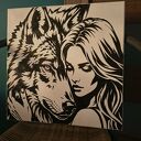 Ręcznie wykonany obraz kobiety i wilka na płótnie 40x40 cm