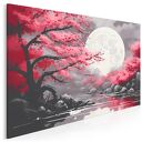 Obraz do salonu - KWITNĄCA WIŚNIA SAKURA KSIĘŻYC NAD JEZIOREM - 70x50 cm
