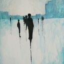 Abstrakcyjna akwarela 18x24 cm w turkusie, czerni i szarościach